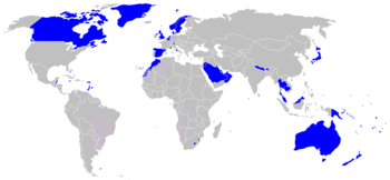Places where monarchies maintain rule appear in blue.