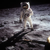 Buzz Aldrin poses on the moon, allowing Neil Armstrong to photograph both of them using the visor reflection. (NASA)
