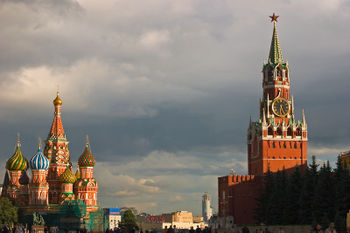 St. Basil's Cathedral and the Spasskaya Tower of the Kremlin in Moscow's Red Square.