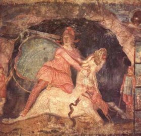 Mithra and the Bull: This fresco from the Mithraeum at Marino, Italy (3rd century) shows the tauroctony and the celestial lining of Mithras' cape
