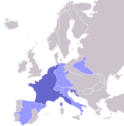 Napoleonic Empire, 1811: France in dark blue, satellite states in light blue