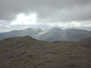 Scafell Pike (right) and Scafell (left) in the Lake District National Park, as seen from Crinkle Crags.