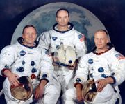 Apollo 11 crew portrait. Left to right is Neil Armstrong, Michael Collins, and Buzz Aldrin
