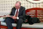 Armstrong and presidential dog Barney in the White House Garden Room, July 21, 2004 during celebrations of the 35th anniversary of the Apollo 11 flight