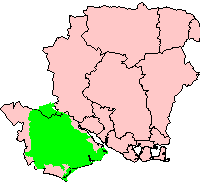 National Park area in green; pink area shows the county of Hampshire for comparison