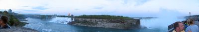 Both American and the Canadian falls seen from Canada in a panoramic view.