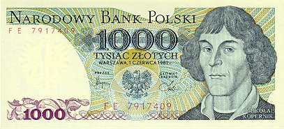 Polish banknote of 1982, with Copernicus identified, in Polish, as "MIKOŁAJ KOPERNIK." 