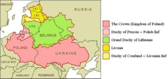 Outline of the Polish-Lithuanian Commonwealth with its major subdivisions as of 1619 superimposed on present-day national borders