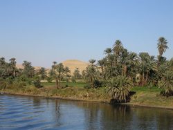 View of the Nile River, the longest in the world, from a cruiseboat, between Luxor and Aswan in Egypt.