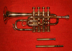 Piccolo trumpet in B flat, with swappable leadpipes to tune the instrument to B flat (shorter) or A (longer)