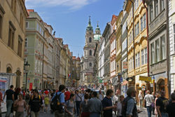 Packed with tourists on a busy summer day in Malá Strana (Lesser Quarter), Prague