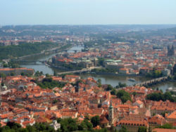 A postcard image of Prague from the top of the Petřínská rozhledna.