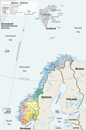 A geopolitical map of Norway, exhibiting its 19 first-order subnational divisions (fylker or "counties")