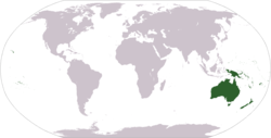 World map exhibiting a common interpretation of Oceania.