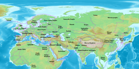Map of Eurasia showing the trade network of the Radhanites (in blue), c. 870, as reported in the account of ibn Khordadbeh in the Book of Roads and Kingdoms. Other trade routes of the period shown in purple.